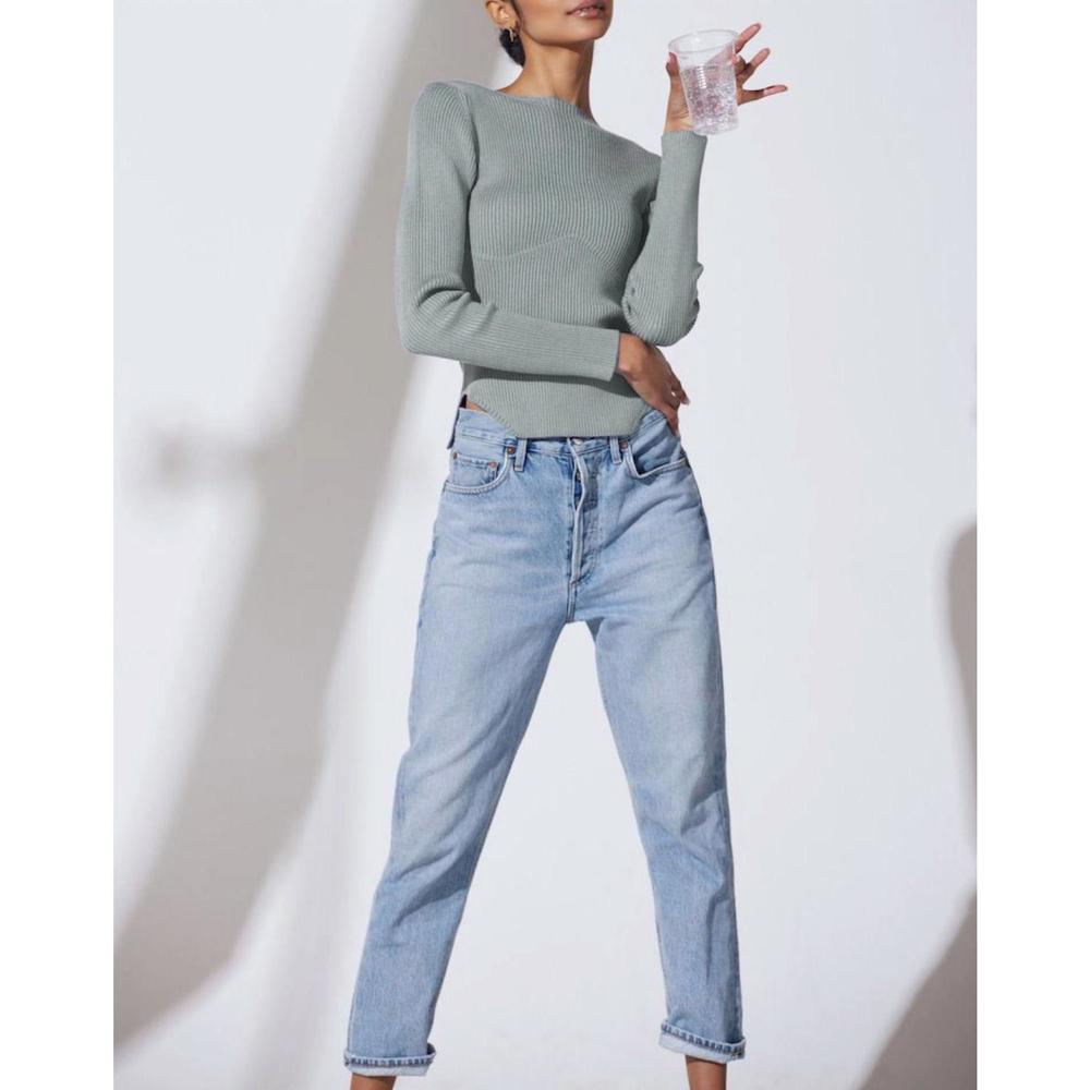 NEW GEEL domo ribbed viscose-crepe sweater top in fog